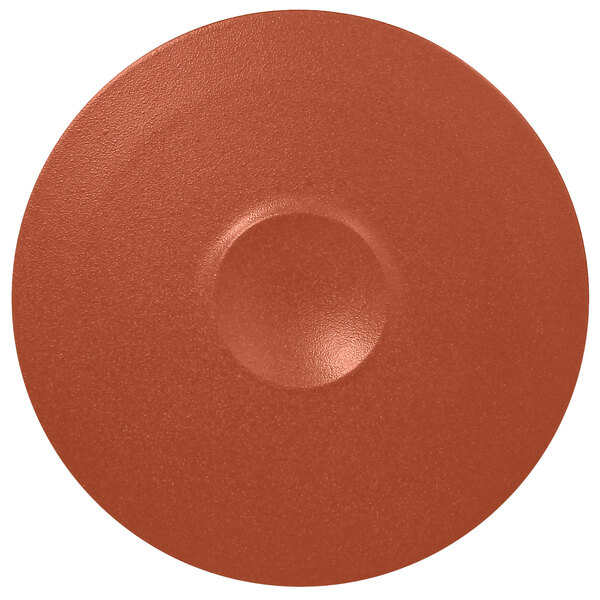 A close-up of a brown RAK Porcelain Neo Fusion Terra Brown Porcelain Plate with a red circle in the middle.