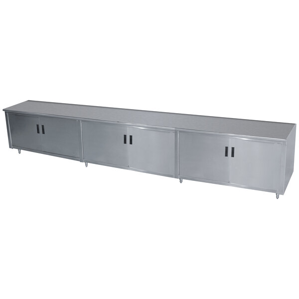 A long stainless steel cabinet with hinged doors.