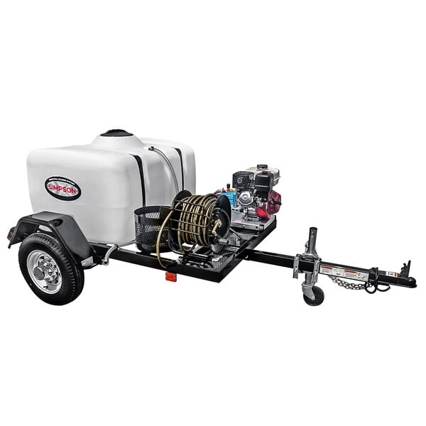 A Simpson pressure washer on a small trailer with a white water tank attached.