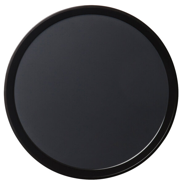 A black circular tray with a black border.