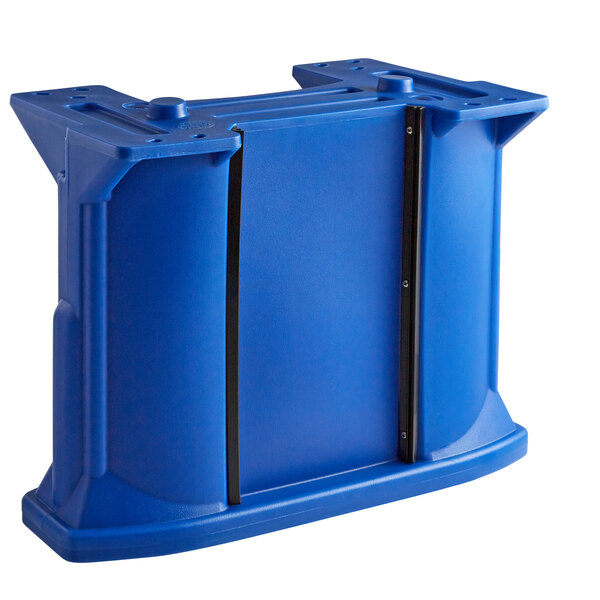 A navy blue plastic object with black straps and decor panel rails.