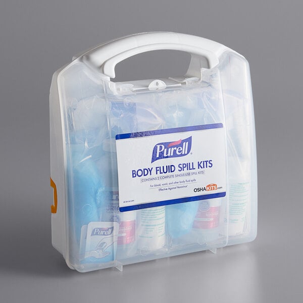 A plastic Purell body fluid spill kit with a white label and a blue lid.