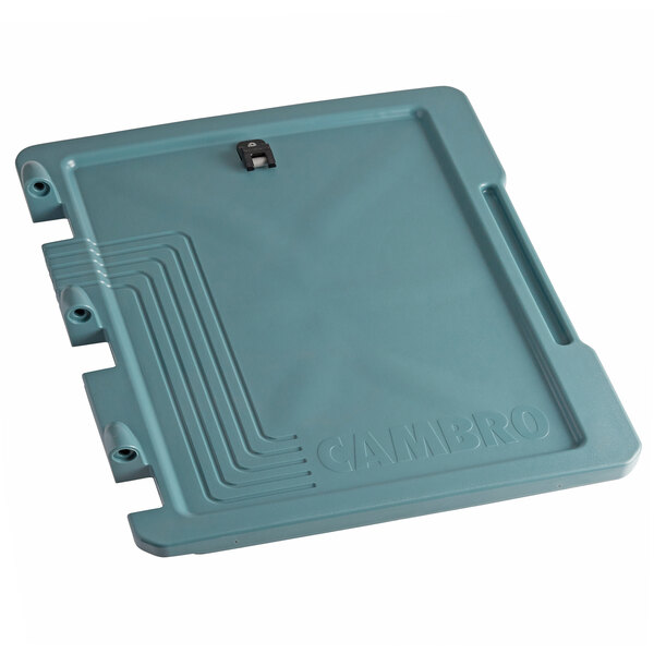 A slate blue plastic door with a black clip for a Cambro Ultra Camcarrier.
