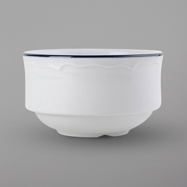 A white bowl with a blue rim.