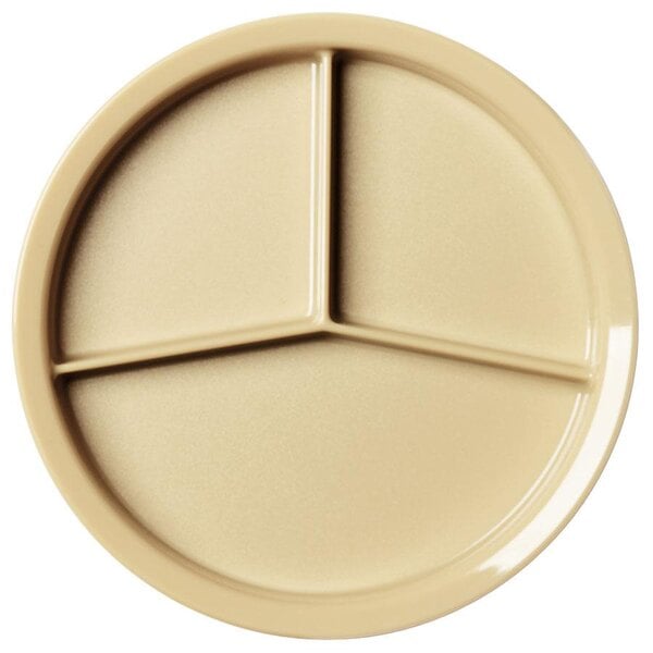 A beige Cambro Camwear plate with three compartments.