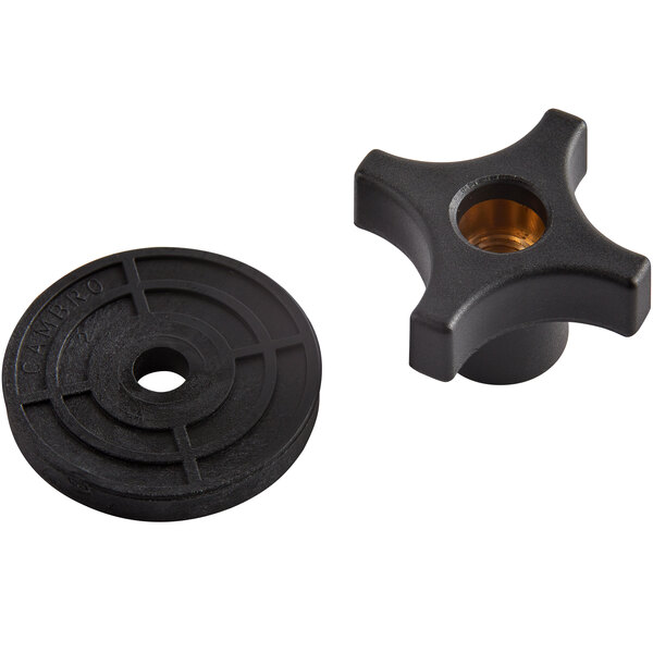 A black knob with a hole and a black rubber disc.