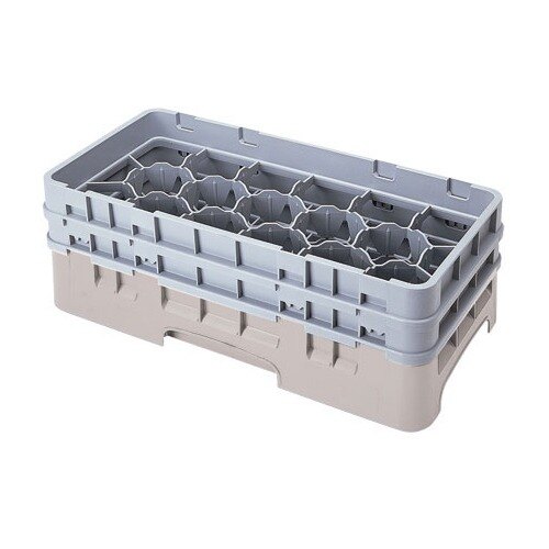 A beige plastic Cambro glass rack with 17 compartments and 3 extenders.