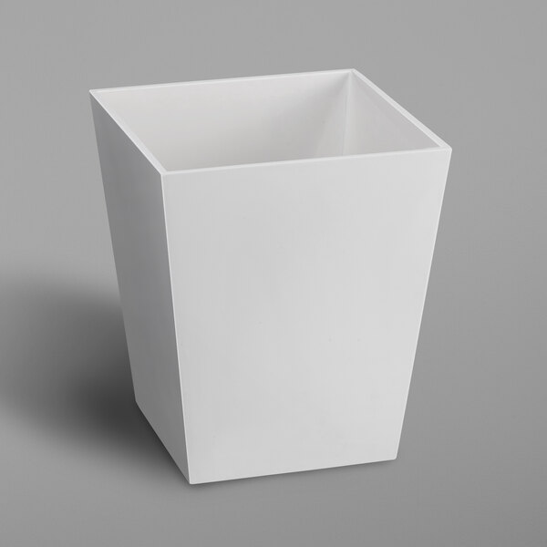 A white rectangular melamine wastebasket with a top open.