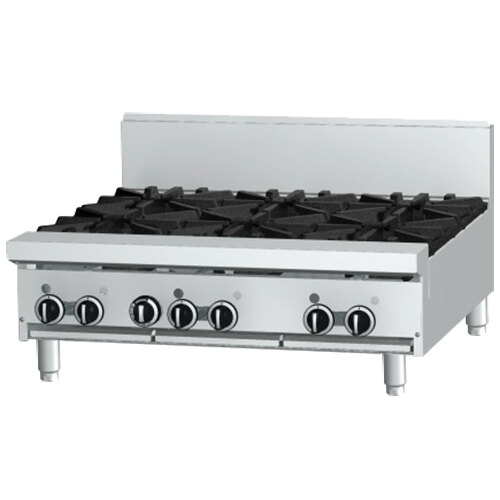 A black and white image of a stainless steel Garland countertop gas range with two burners and a griddle.