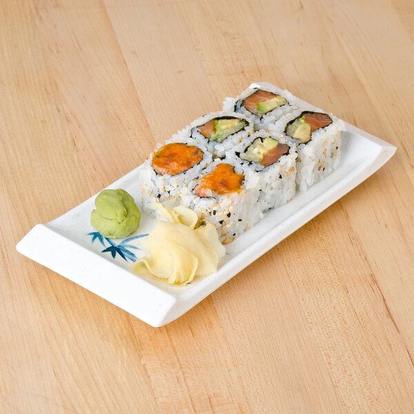 A rectangular blue and white Thunder Group Blue Bamboo melamine plate with sushi.