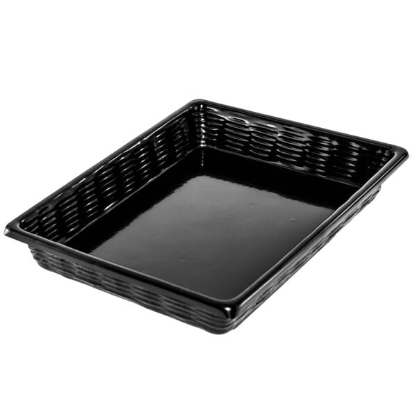 A Marco Company black plastic wicker-look basket on a counter.