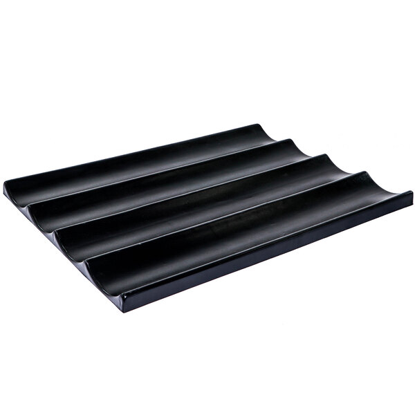 A black rectangular plastic riser with four steps and curved edges.