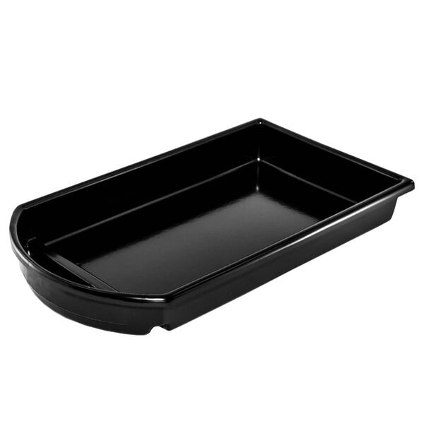 A black rectangular Marco Company plastic produce basket with a handle.