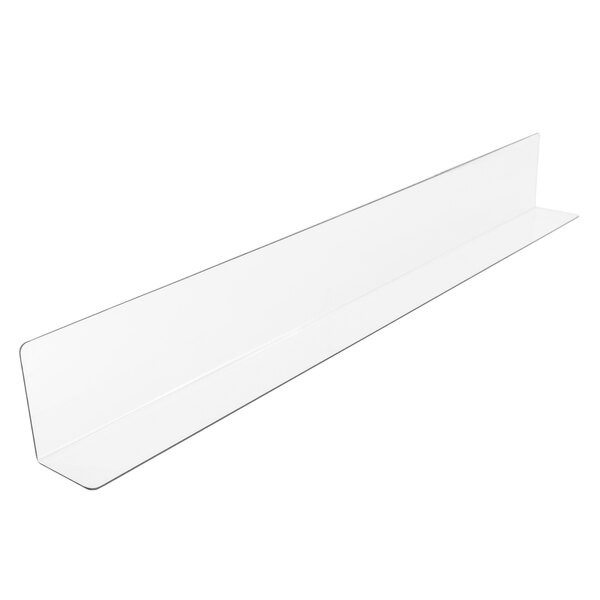 A clear plastic rectangular guard for a produce shelf.