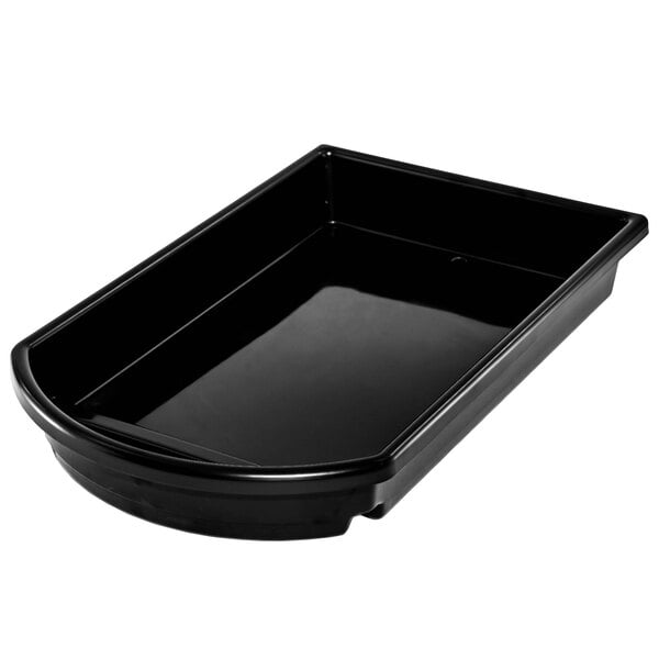 A black rectangular plastic produce basket with a curved front and a handle.