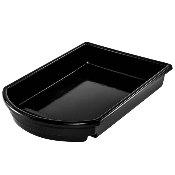 A black rectangular Marco Company plastic produce basket with a curved front edge.