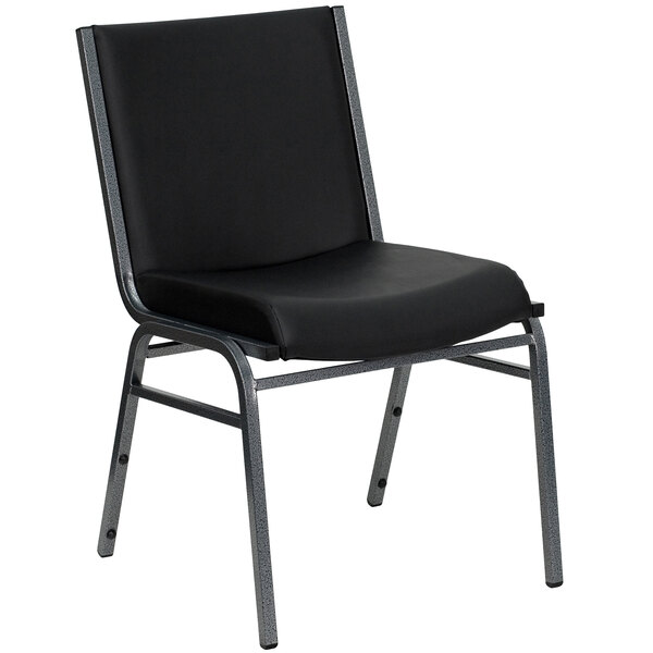 A Flash Furniture Hercules Series black vinyl stack chair with metal legs.