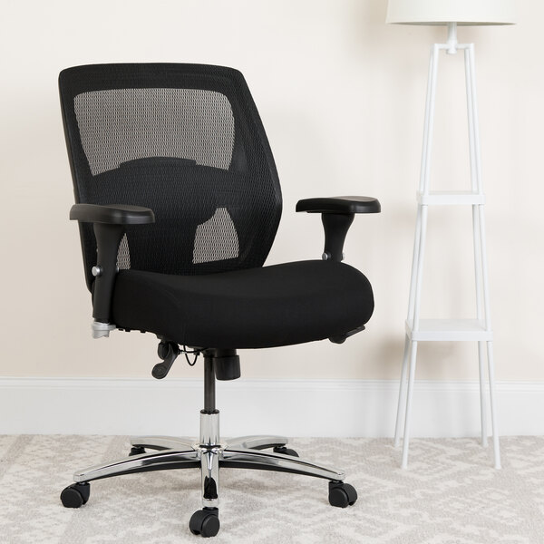 A black office chair with a mesh back and a chrome base.