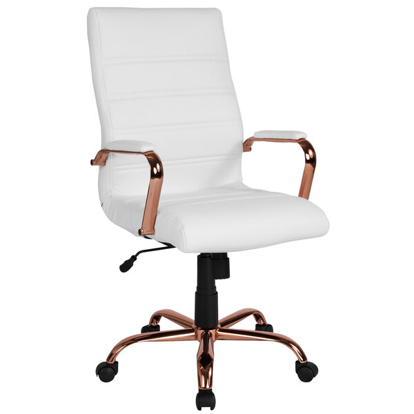 A white office chair with rose gold metal legs and arms.