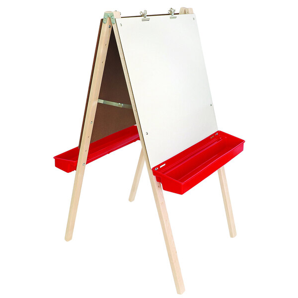 A Whitney Brothers adjustable easel with a white board and red tray.