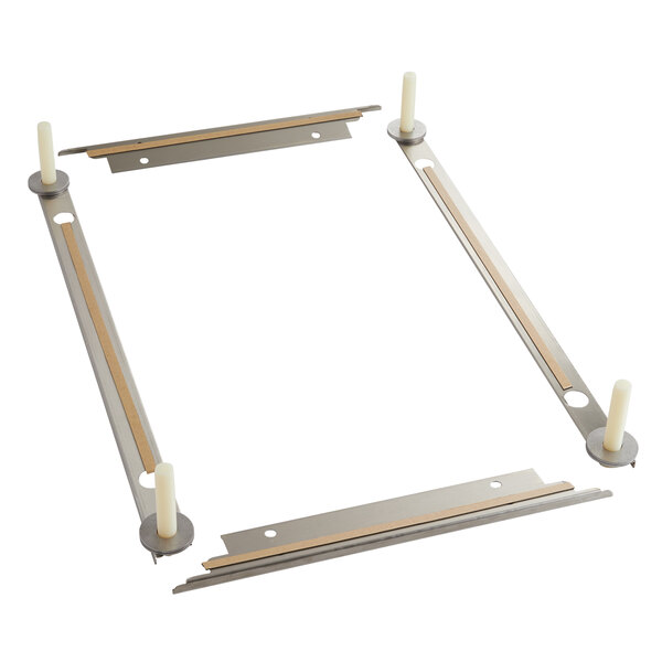 A metal rectangular frame with two metal bars.