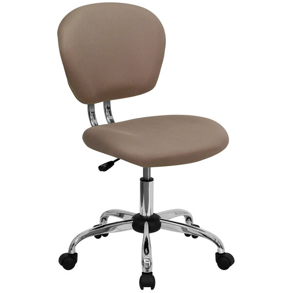 A brown office chair with chrome base and wheels.