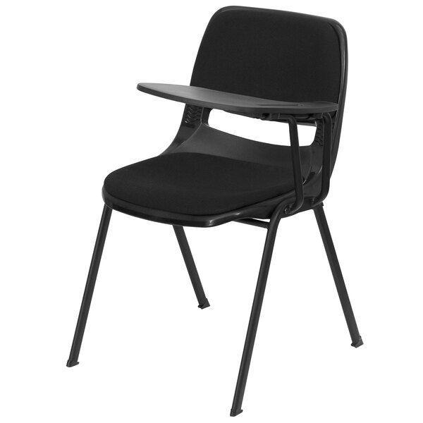 A black Flash Furniture chair with a left handed tablet arm.