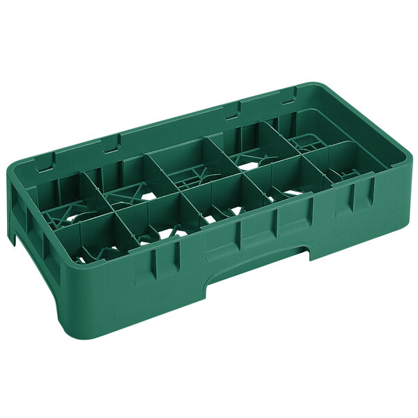 A green plastic Cambro rack with 10 compartments and 2 extenders.