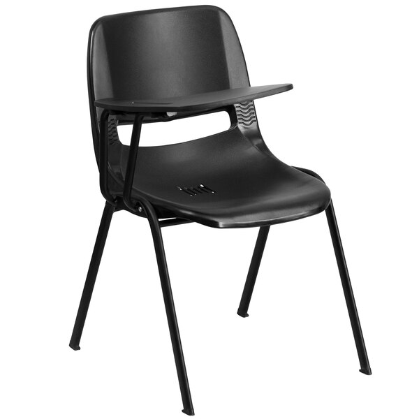 A black Flash Furniture chair with a right handed flip-up tablet arm.