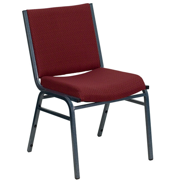 A burgundy Flash Furniture Hercules Series stack chair with a metal frame.