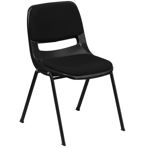 A Flash Furniture black student desk chair with a black padded back.