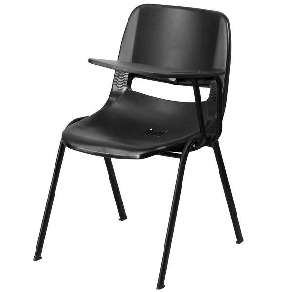 A black Flash Furniture ergonomic shell chair with a left handed tablet arm.