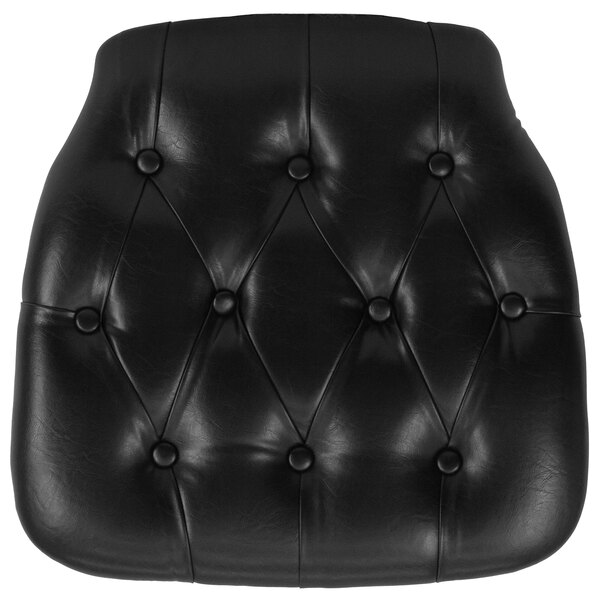 A black hard vinyl tufted Chiavari chair cushion with buttons.