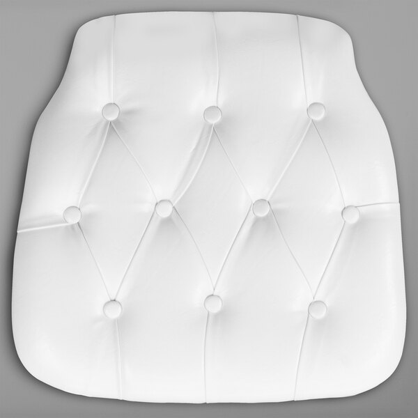 A white vinyl tufted cushion for a Chiavari chair with buttons.