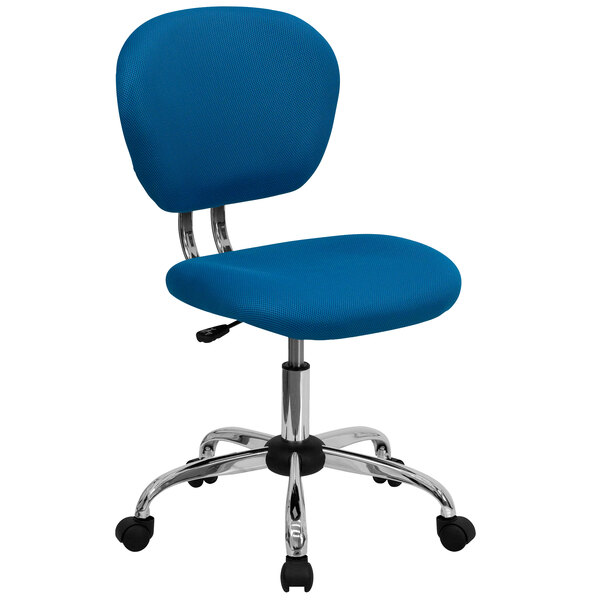 A Flash Furniture turquoise office chair with chrome wheels.