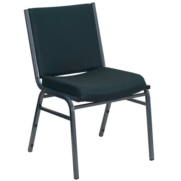 A green patterned fabric stack chair with a gray frame.