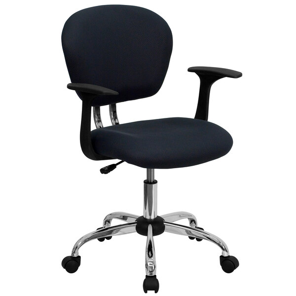 A gray office chair with arms and chrome base.
