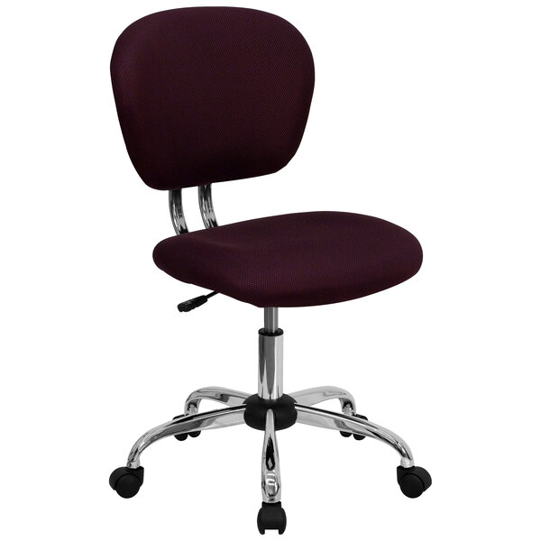 A Flash Furniture burgundy mesh office chair with chrome base and wheels.