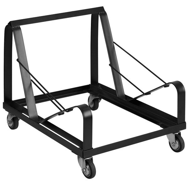 A black metal Flash Furniture Hercules chair dolly with wheels.