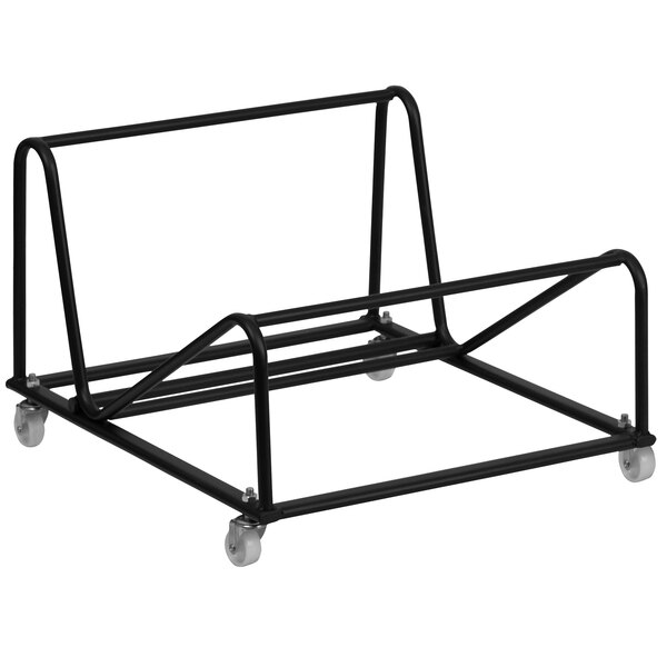 A black metal Flash Furniture stack chair dolly with wheels.