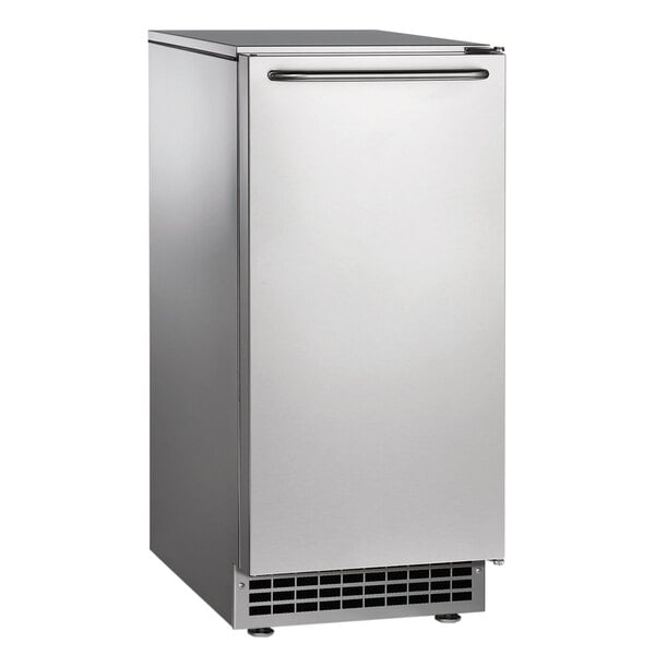 An Ice-O-Matic stainless steel undercounter ice machine with a silver vent.