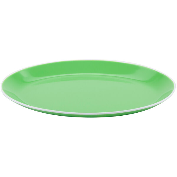 An apple green melamine oval coupe platter with white trim.