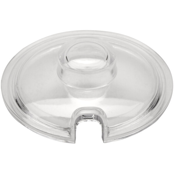 A clear plastic lid with a round base and a hole in it.