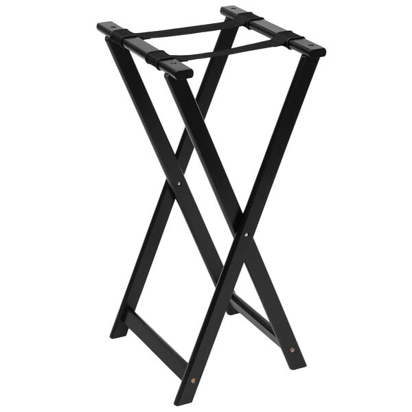 An American Metalcraft black wood folding tray stand with black straps.