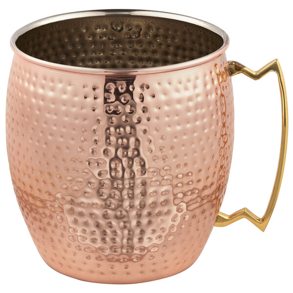 An American Metalcraft hammered copper Moscow mule mug with a handle.