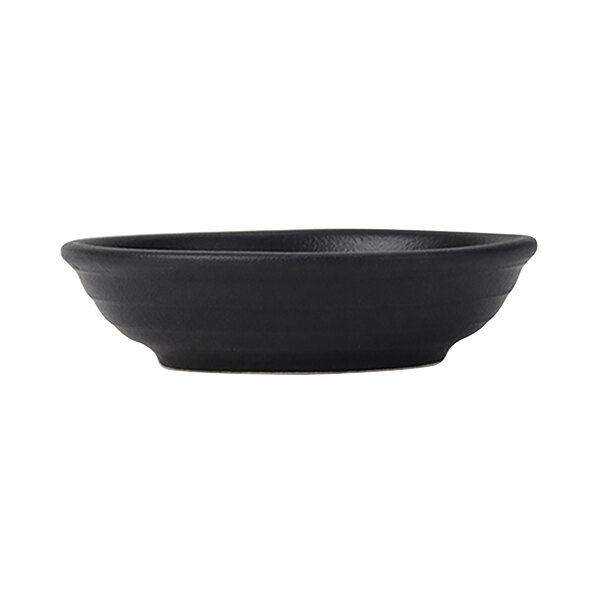 A matte black Tuxton China fruit dish with an embossed design.