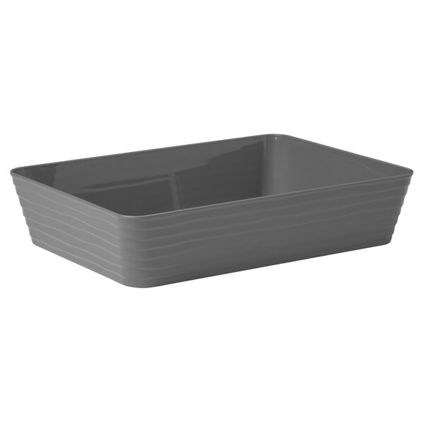 An American Metalcraft Del Mar rectangular grey plastic serving dish with curved edges.