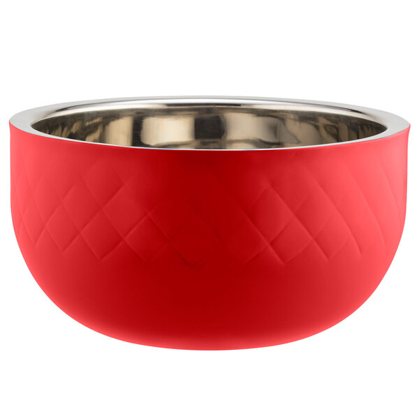 A red bowl with a silver rim.