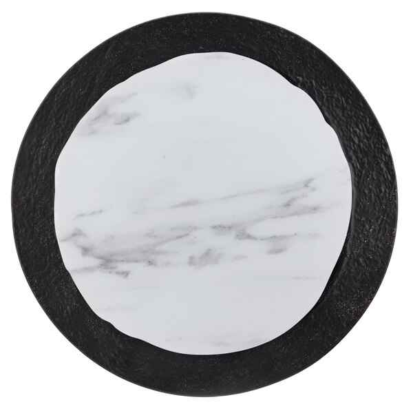 An American Metalcraft white and black marble serving platter with a circle in the middle.