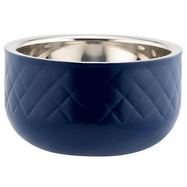 A cobalt blue Bon Chef bowl with silver rim.